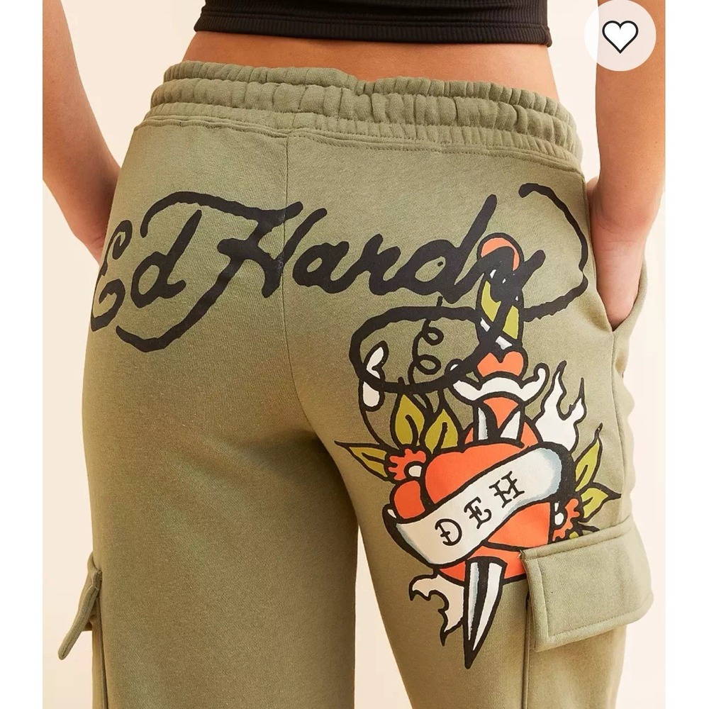 Ed‎ Hardy Womens Dragon Dagger Cargo Sweatpant Wide Leg Y2K Green Size XL NWT